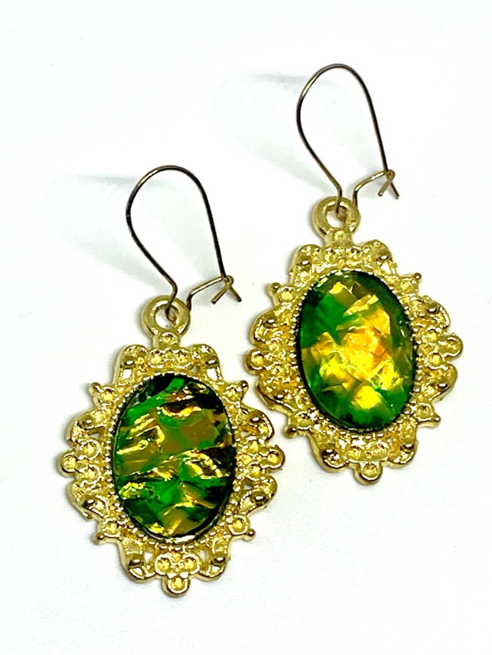 Vintage Green Yellow Dichroic Acrylic Color Flash Gold Filigree Framed Earrings